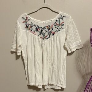 Lucky Brand White Peasant Top with Multicolor Floral Embroidery